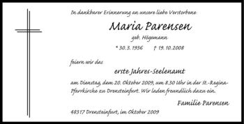 Anzeige von Maria Parensen von Westfälische Nachrichten