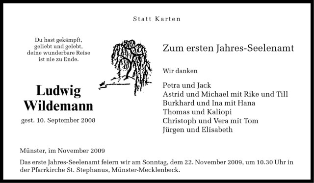  Traueranzeige für Ludwig Wildemann vom 14.11.2009 aus Westfälische Nachrichten