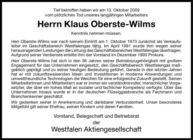  Traueranzeige für Klaus Oberste-Wilms vom 19.10.2009 aus Westfälische Nachrichten