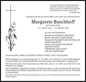 Anzeige von Margarete Buschhoff von Westfälische Nachrichten