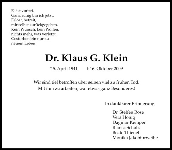  Traueranzeige für Klaus Klein vom 21.10.2009 aus Westfälische Nachrichten