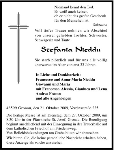  Traueranzeige für Stefania Nieddu vom 23.10.2009 aus Westfälische Nachrichten