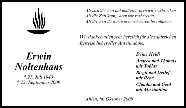  Traueranzeige für Erwin Noltenhans vom 24.10.2009 aus Westfälische Nachrichten
