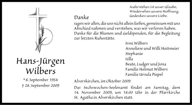  Traueranzeige für Hans-Jürgen Wilbers vom 07.11.2009 aus Westfälische Nachrichten