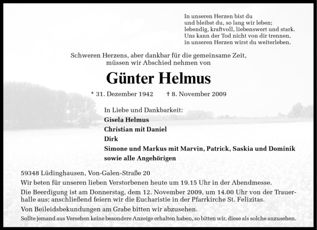  Traueranzeige für Günter Helmus vom 10.11.2009 aus Westfälische Nachrichten