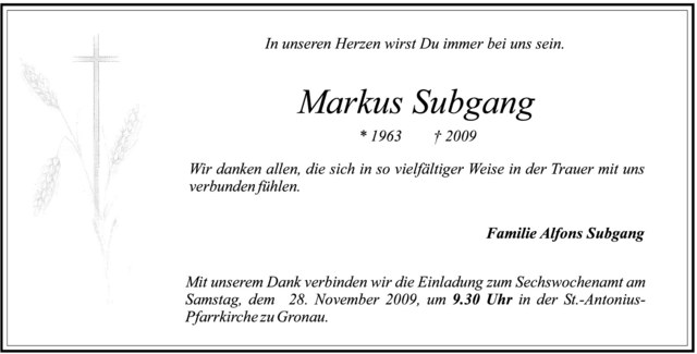  Traueranzeige für Markus Subgang vom 21.11.2009 aus Westfälische Nachrichten