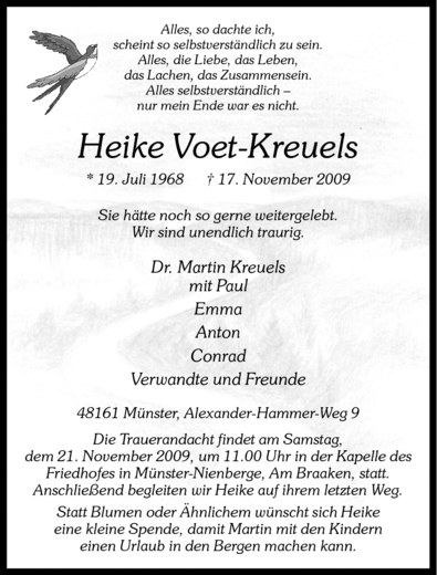  Traueranzeige für Heike Voet-Kreuels vom 20.11.2009 aus Westfälische Nachrichten