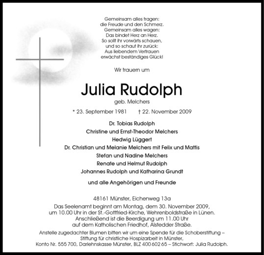  Traueranzeige für Julia Rudolph vom 26.11.2009 aus Westfälische Nachrichten