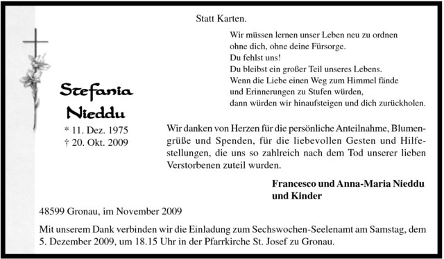  Traueranzeige für Stefania Nieddu vom 28.11.2009 aus Westfälische Nachrichten