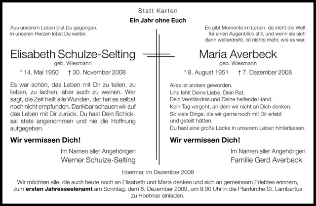  Traueranzeige für Elisabeth Schulze-Selting vom 02.12.2009 aus Westfälische Nachrichten