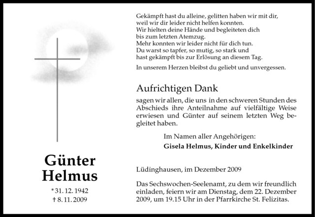 Traueranzeige für Günter Helmus vom 19.12.2009 aus Westfälische Nachrichten