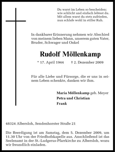Traueranzeigen von Rudolf Möllenkamp www.trauer.ms