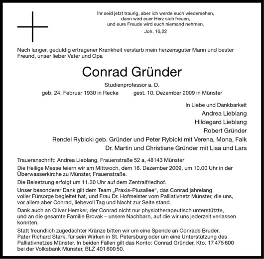  Traueranzeige für Conrad Gründer vom 12.12.2009 aus Westfälische Nachrichten