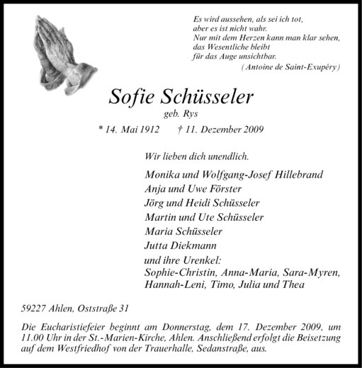  Traueranzeige für Sofie Schüsseler vom 15.12.2009 aus Westfälische Nachrichten