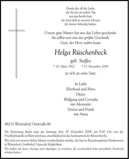  Traueranzeige für Helga Rüschenbeck Rüschenbeck vom 17.12.2009 aus Westfälische Nachrichten