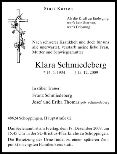  Traueranzeige für Klara Schmiedeberg vom 17.12.2009 aus Westfälische Nachrichten