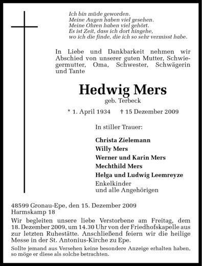  Traueranzeige für Hedwig Mers vom 17.12.2009 aus Westfälische Nachrichten