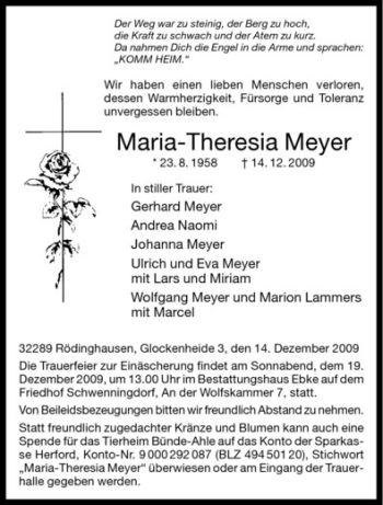 Anzeige von Maria-Theresia Meyer von Westfälische Nachrichten