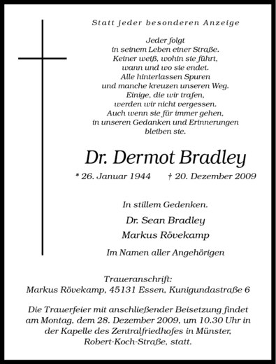  Traueranzeige für Dermot Bradley vom 23.12.2009 aus Westfälische Nachrichten