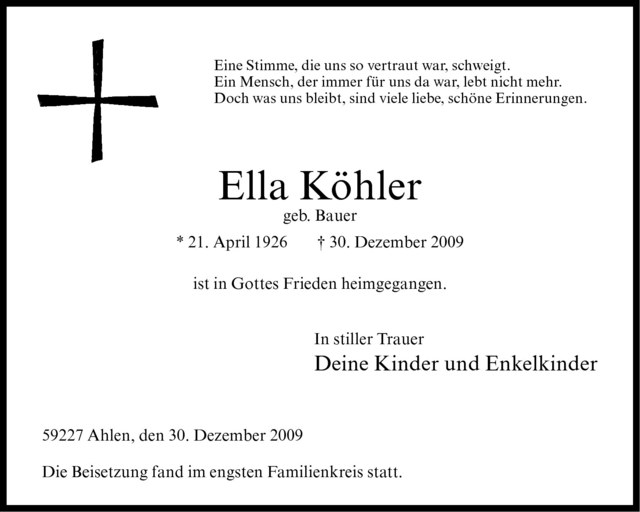  Traueranzeige für Ella Köhler vom 06.01.2010 aus Westfälische Nachrichten