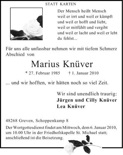  Traueranzeige für Marius Knüver vom 05.01.2010 aus Westfälische Nachrichten