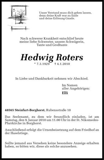 Anzeige von Hedwig Roters von Westfälische Nachrichten