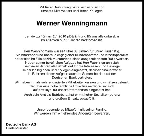  Traueranzeige für Werner Wenningmann vom 08.01.2010 aus Westfälische Nachrichten