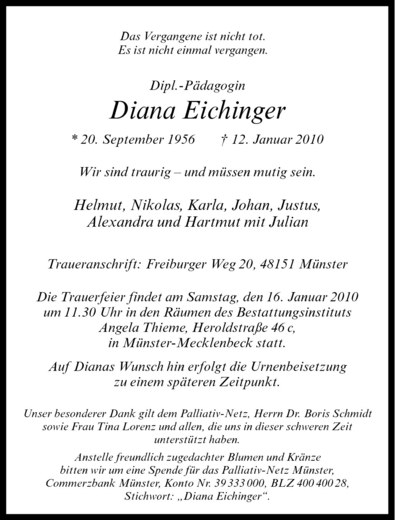  Traueranzeige für Diana Eichinger vom 14.01.2010 aus Westfälische Nachrichten