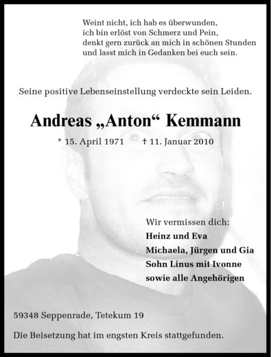  Traueranzeige für Andreas Kemmann vom 16.01.2010 aus Westfälische Nachrichten