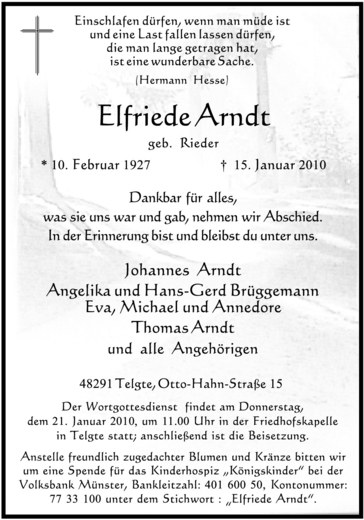  Traueranzeige für Elfriede Arndt vom 18.01.2010 aus Westfälische Nachrichten
