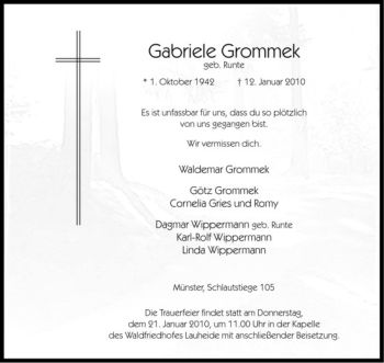 Anzeige von Gabriele Grommek von Westfälische Nachrichten