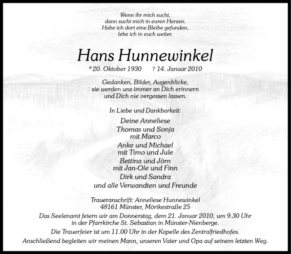  Traueranzeige für Hans Hunnewinkel vom 19.01.2010 aus Westfälische Nachrichten