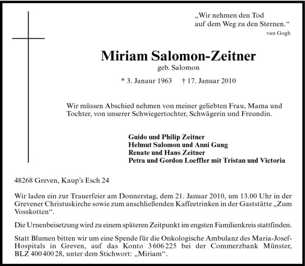  Traueranzeige für Miriam Salomon-Zeitner vom 19.01.2010 aus Westfälische Nachrichten