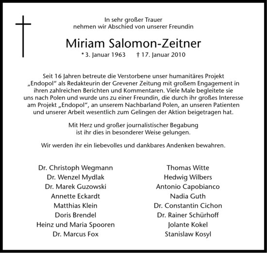  Traueranzeige für Miriam Salomon-Zeitner vom 20.01.2010 aus Westfälische Nachrichten