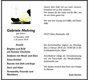 Anzeige von Gabriele Mehring von Westfälische Nachrichten
