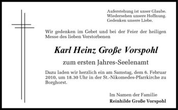 Anzeige von Karl Heinz Große Vorspohl von Westfälische Nachrichten
