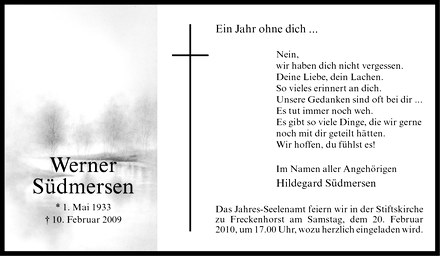  Traueranzeige für Werner Südmersen vom 13.02.2010 aus Westfälische Nachrichten
