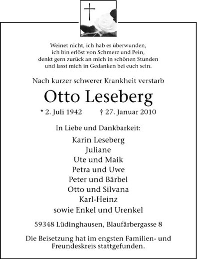  Traueranzeige für Otto Leseberg vom 03.02.2010 aus Westfälische Nachrichten