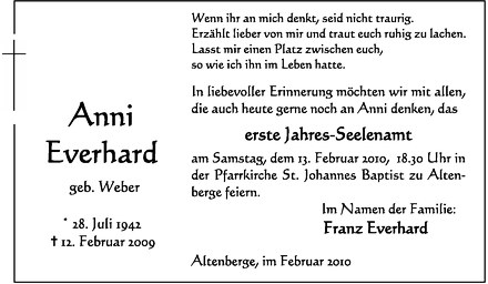  Traueranzeige für Anni Everhard vom 06.02.2010 aus Westfälische Nachrichten