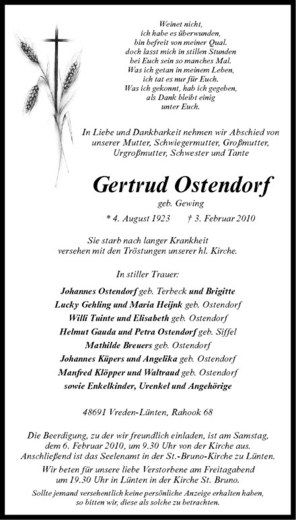 Anzeige von Gertrud Ostendorf von Westfälische Nachrichten