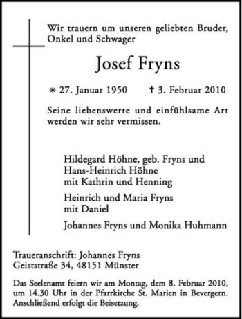 Anzeige von Josef Fryns von Westfälische Nachrichten