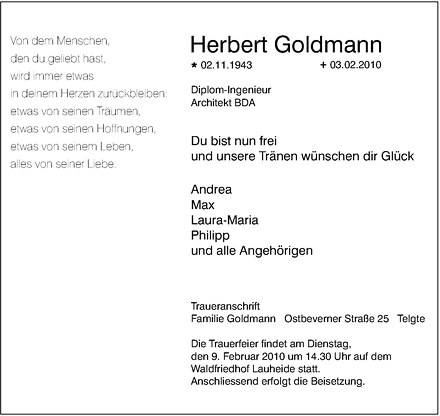  Traueranzeige für Herbert Goldmann vom 06.02.2010 aus Westfälische Nachrichten