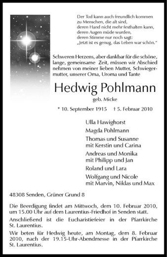 Anzeige von Hedwig Pohlmann von Westfälische Nachrichten