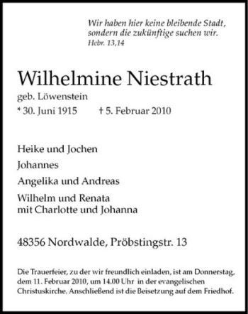 Anzeige von Wilhelmine Niestrath von Westfälische Nachrichten