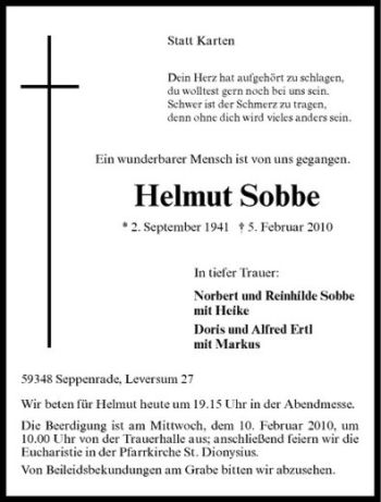 Anzeige von Helmut Sobbe von Westfälische Nachrichten