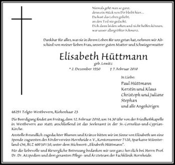 Anzeige von Elisabeth Hüttmann von Westfälische Nachrichten