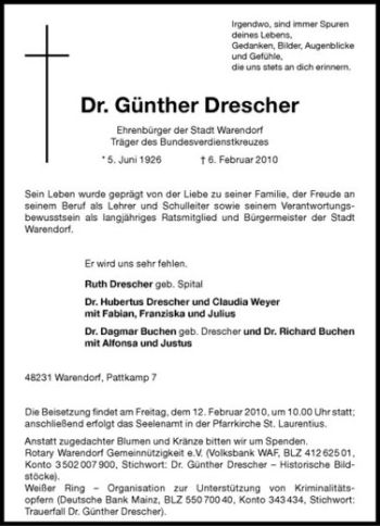 Anzeige von Dr. Günther Drescher von Westfälische Nachrichten