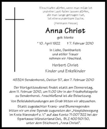 Anzeige von Anna Christ von Westfälische Nachrichten
