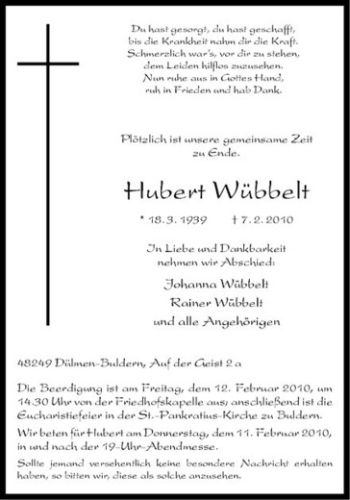 Anzeige von Hubert Wübbelt von Westfälische Nachrichten