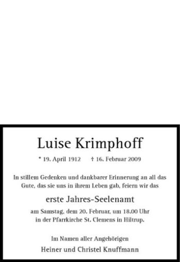 Anzeige von Luise Krimphoff von Westfälische Nachrichten